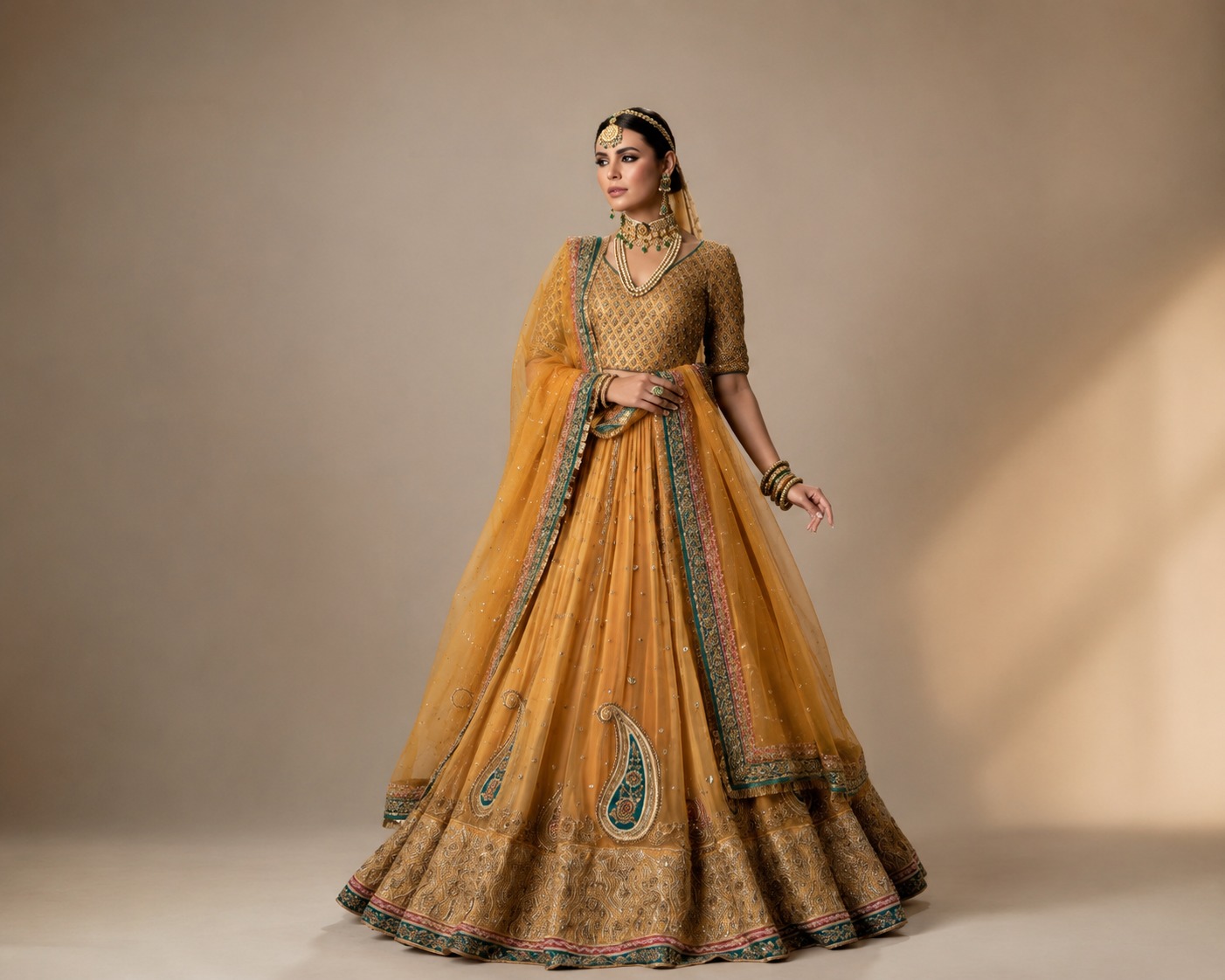 Zarnab – Mustard Gold Hand-Embroidered Bridal Lehenga Choli